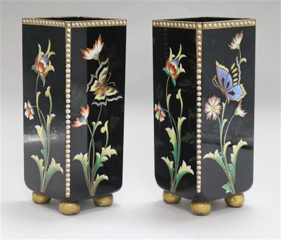 A pair of late 19th century Bohemian enamelled glass square vases, possibly Moser, and some counters height 20cm